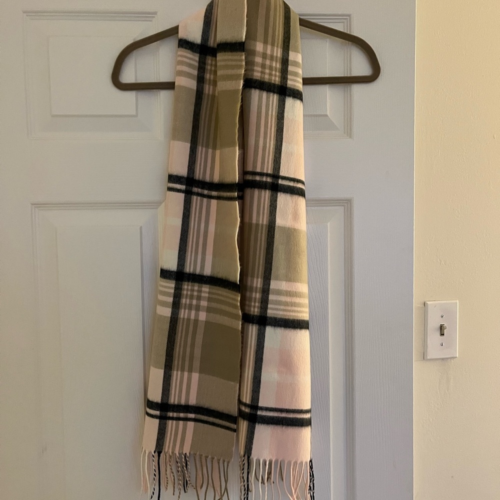 Tan and Black Plaid Scarf with Fringe